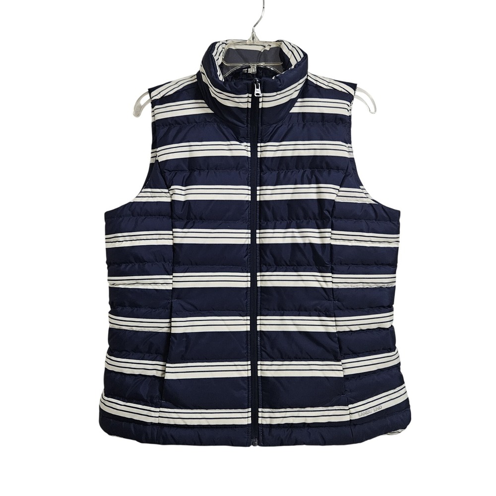 Land's End Down Puffer Vest Women's Medium 10-12 Stripe Full Zip Pockets EUC